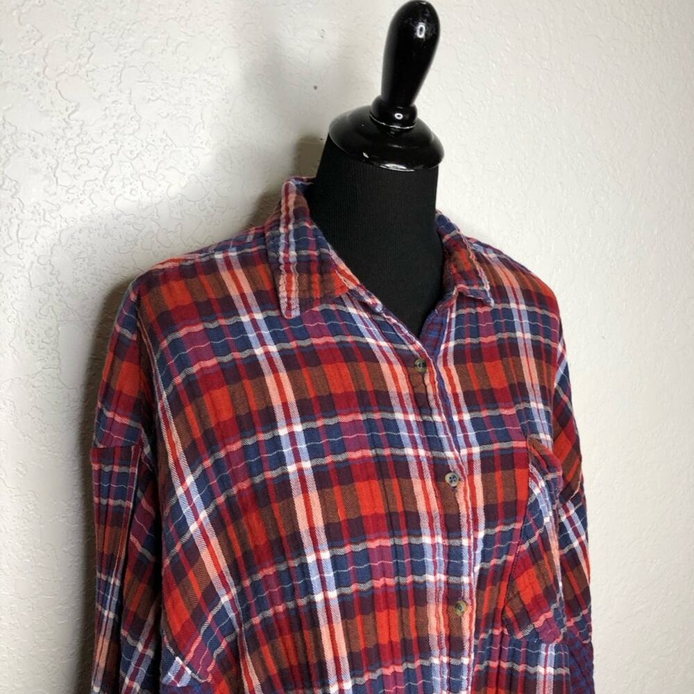 Free People Magical Plaid red blue white mixed plaid button down shacket Large - Picture 3 of 16